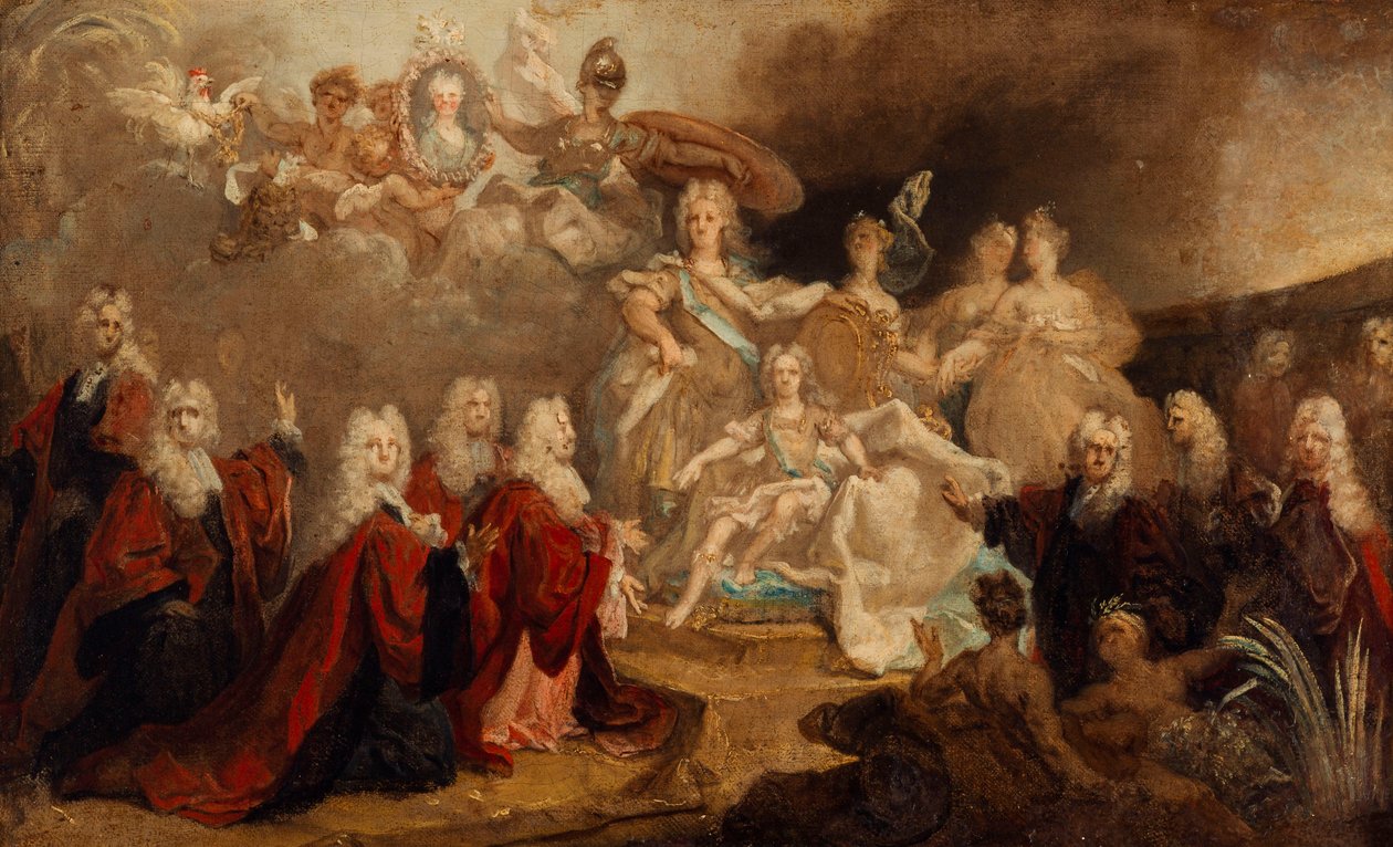 Skisse av det allegoriske maleriet bestilt av byen Paris for forlovelsen til Ludvig XV og spedbarnet Marie Anne Victoire fra Spania av Nicolas de Largillière