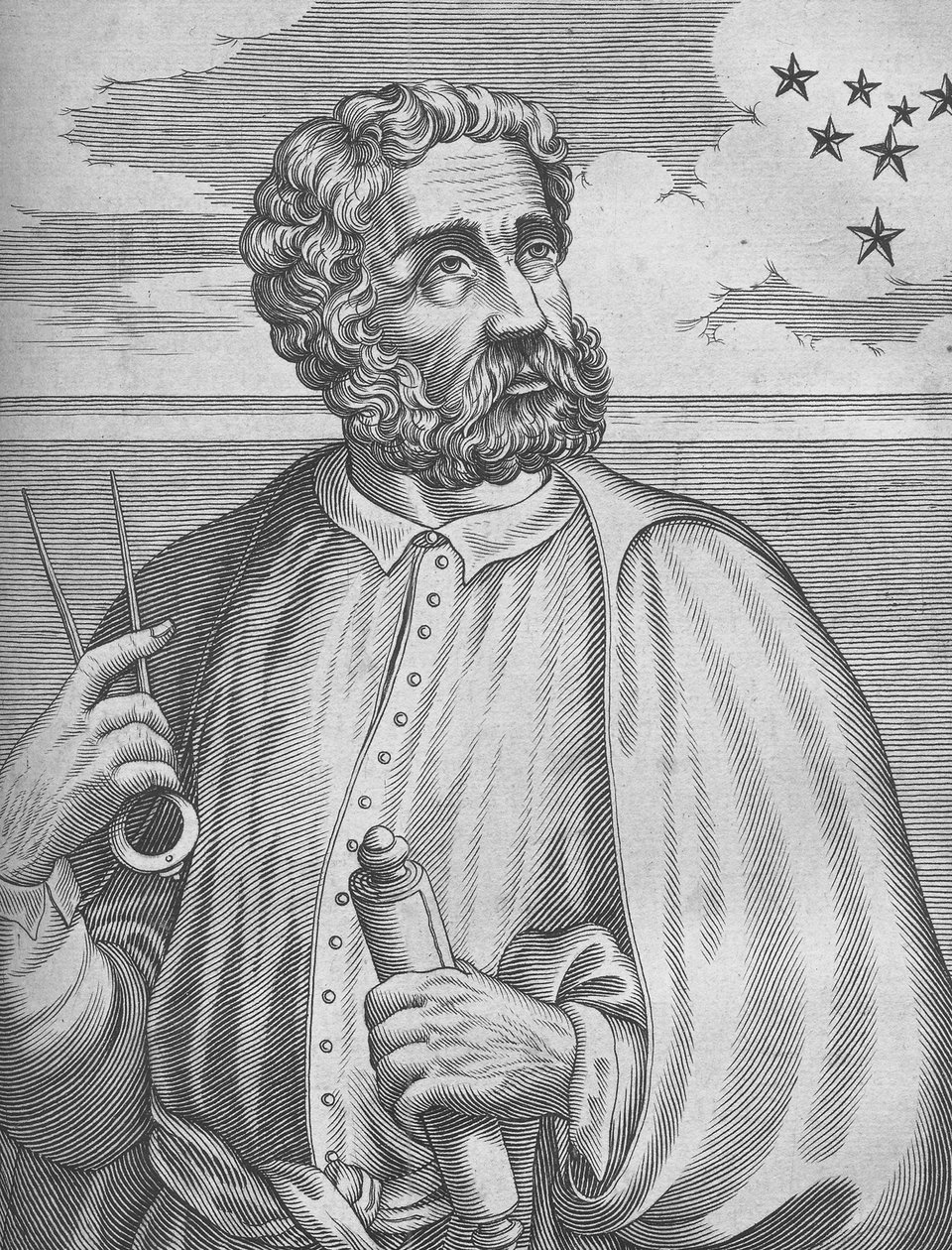 Portrett av Ferdinand Magellan. Fra Isaac Bullarts Academy of Sciences and Arts, 1682 av Nicolas de Larmessin