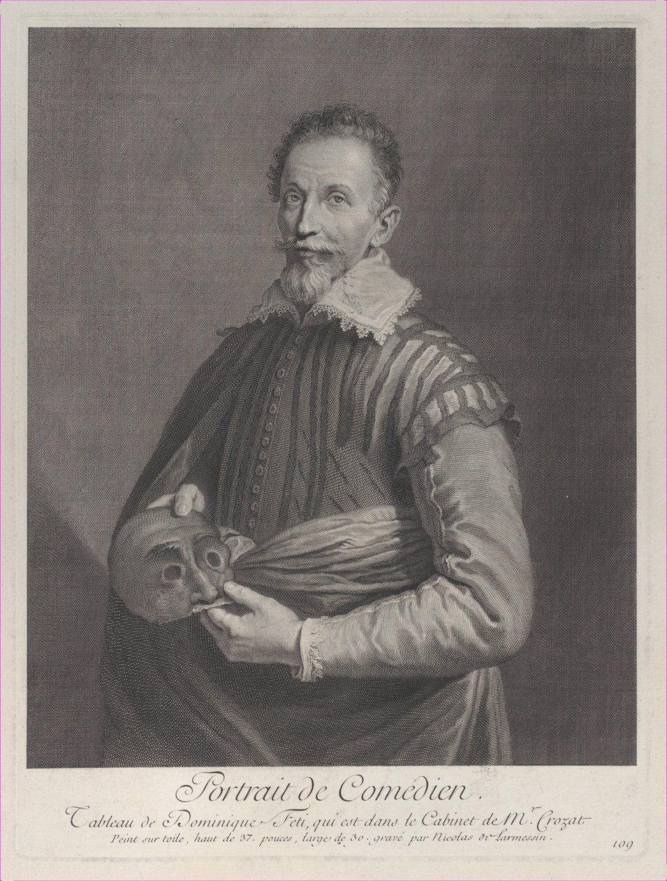 Portrett av en komiker: portrett av Francesco Andreini som holder en maske, 1729-40., 1729-40. av Nicolas de Larmessin