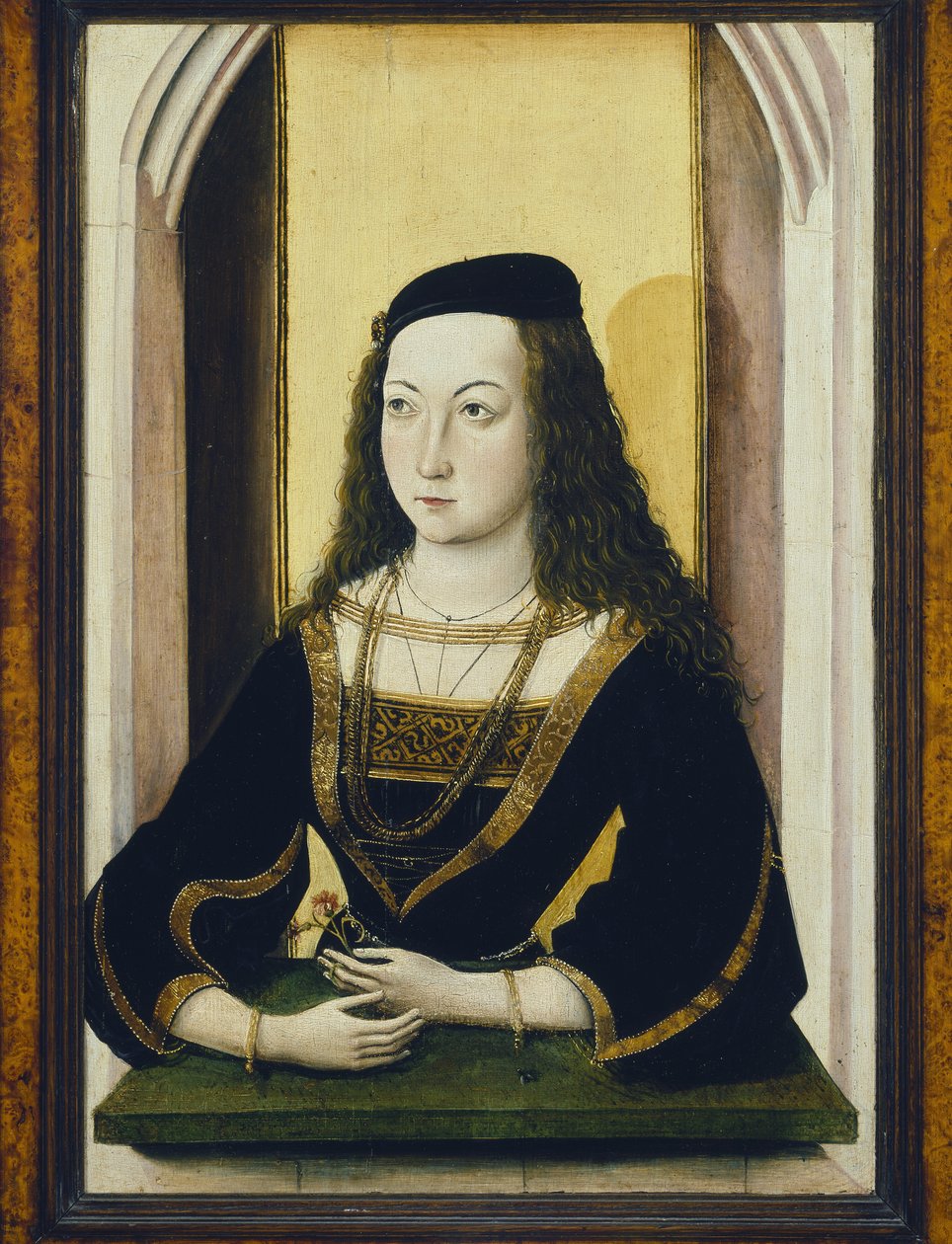 Portrett av en ung kvinne som holder en blomst, olje på panel fra slutten av 1400-tallet av Nicolaus Alexander Mair von Landshut