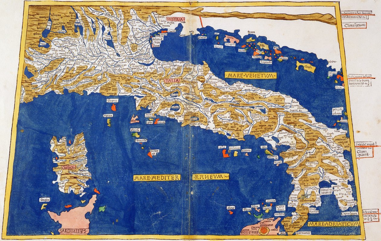 Ptolemaisk kart over Italia, 1482 (farget litho) av Nicolaus Germanus