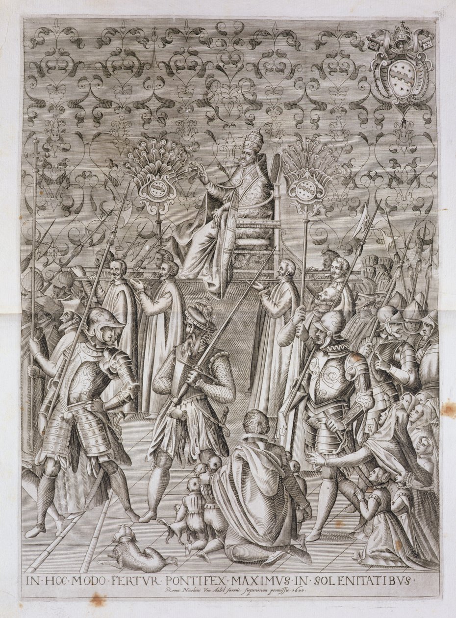 Pave Sixtus V (1521-90) bæres til seremonien for innvielsen av obelisken foran basilikaen San Giovanni Laterano, Roma i 1588, 1600 (se også 193204) av Nicolaus van Aelst