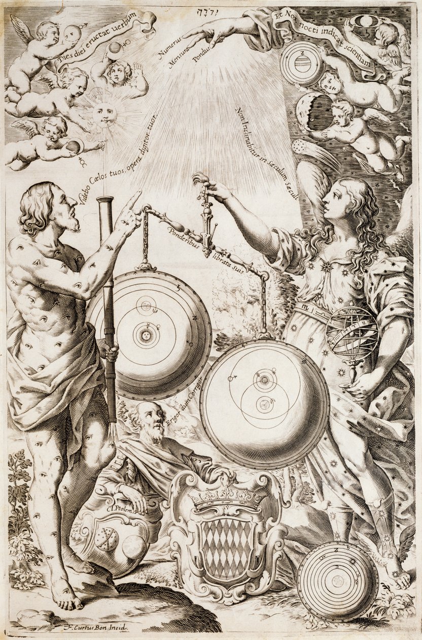 Tolomeo, som sitter mellom allegorier av Argo og Astrea, vurderer diagrammer over kosmologier tegnet av Copernicus og Riccioli, illustrasjon hentet fra Giovanni Battista Ricciolis avhandling om astronomihistorie Almagestum Novum, Bologna av Nicolaus (after) Copernicus