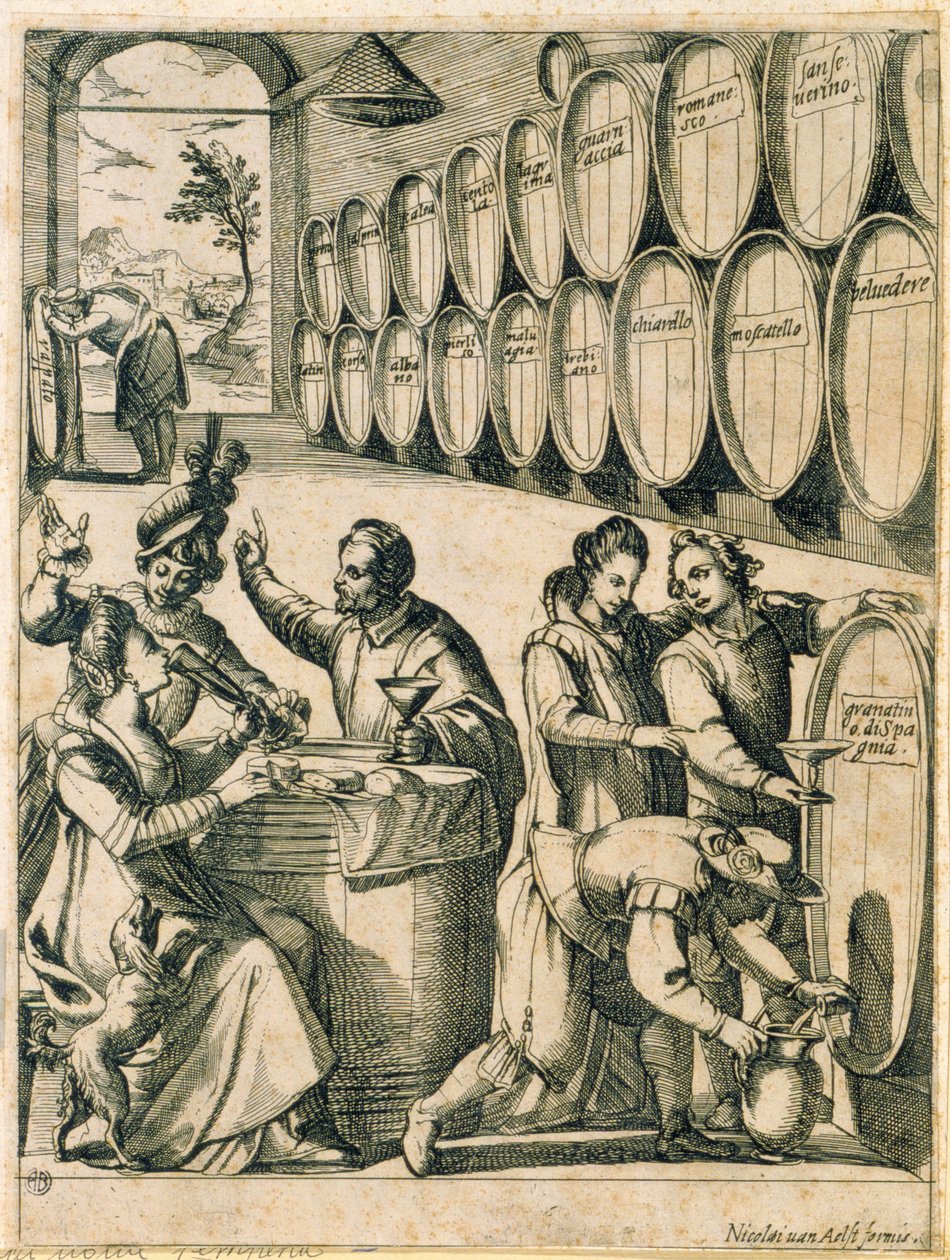 Drikkere i en vinkjeller (navn på romerske viner er påskrevet på fatene) av Nicolaus van Aelst