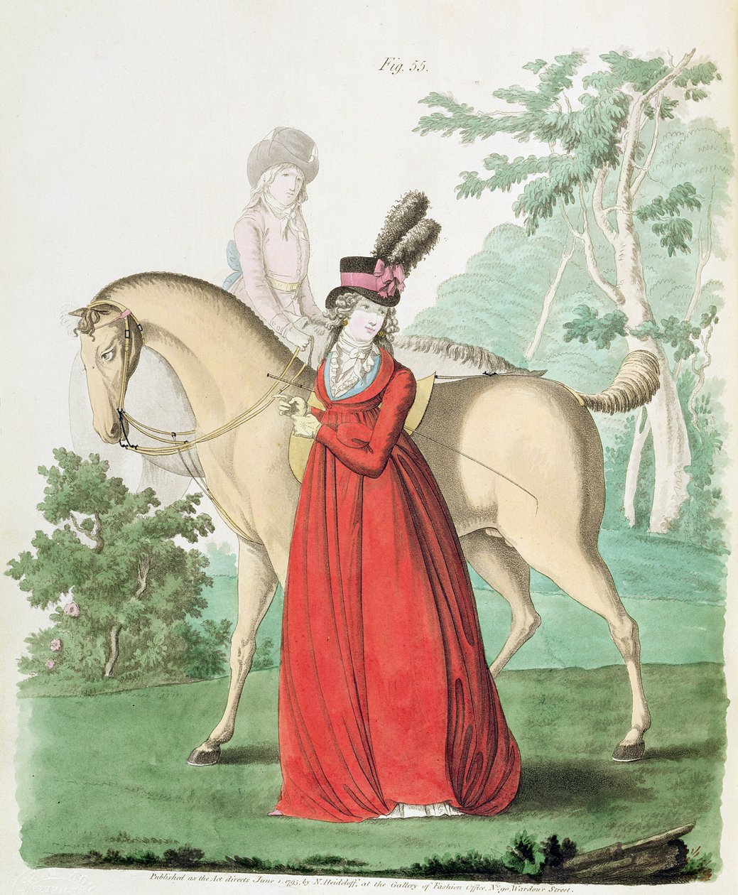 En dame som går ut på hesteryggen i ridekjole fra Nikolaus Heideloffs Gallery of Fashion, Vol II, juni 1795 (trykk) av Nicolaus von Heideloff