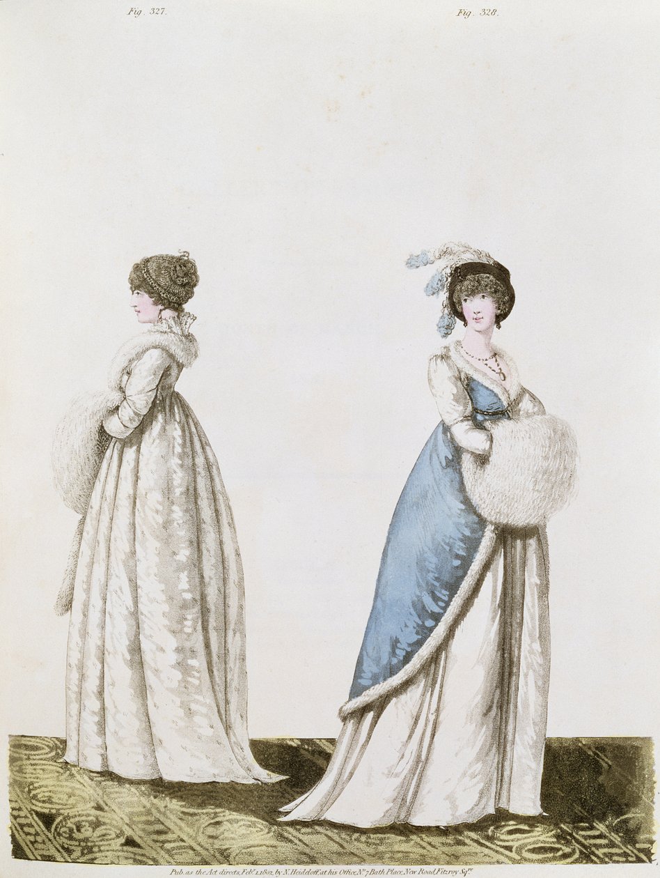 Ettermiddagskjoler fiken. 327 og 328 fra Nikolaus Heideloffs "Gallery of Fashion" Vol II februar 1802 (trykk) av Nicolaus von Heideloff