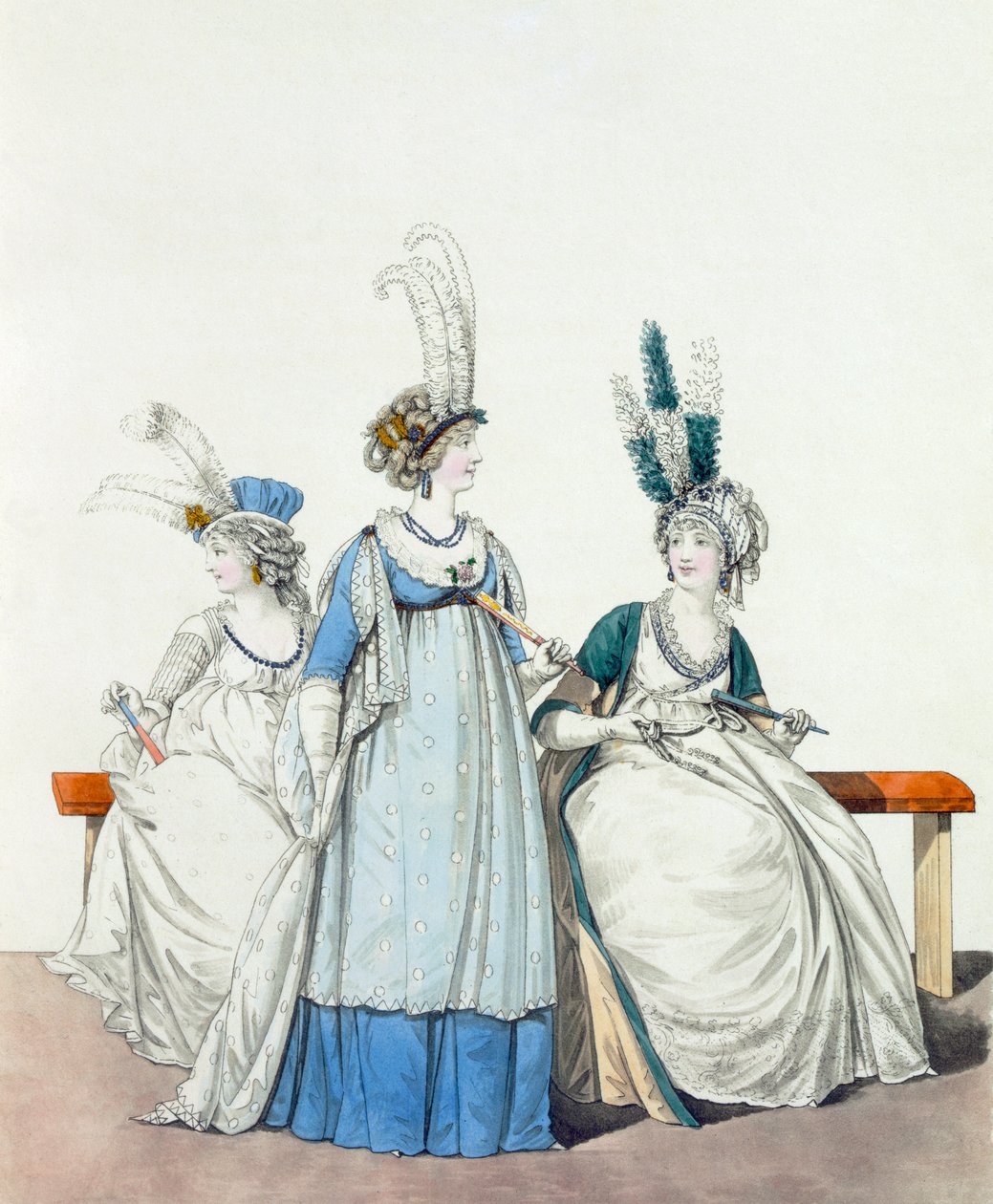 Aftenkjoler til opera og konserter, fig. 96, fig. 97 7 fig. 98 fra 'The Gallery of Fashion', 1797 av Nicolaus von Heideloff