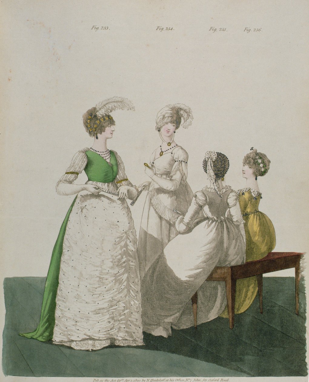 Fire jenter i ballkjoler fra "Gallery of Fashion" av N. Heideloff, april 1800 av Nicolaus von Heideloff
