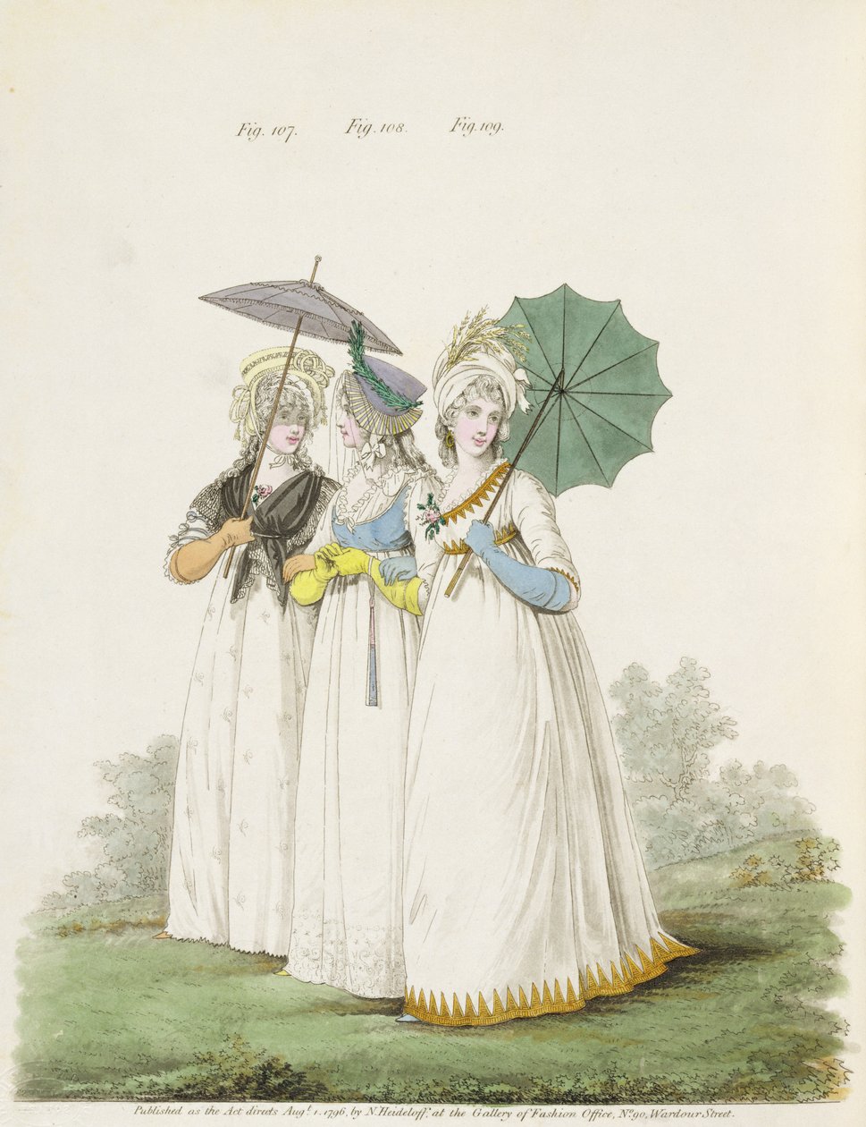 Morgenkjoler, fiken. 107, 108 og 109 fra Nikolaus Heideloffs `Gallery of Fashion