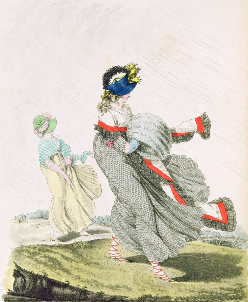 Morgenkjoler fiken. 134 og 135 fra Nikolaus Heideloffs "Gallery of Fashion" Vol II, april 1797 (trykk) av Nicolaus von Heideloff