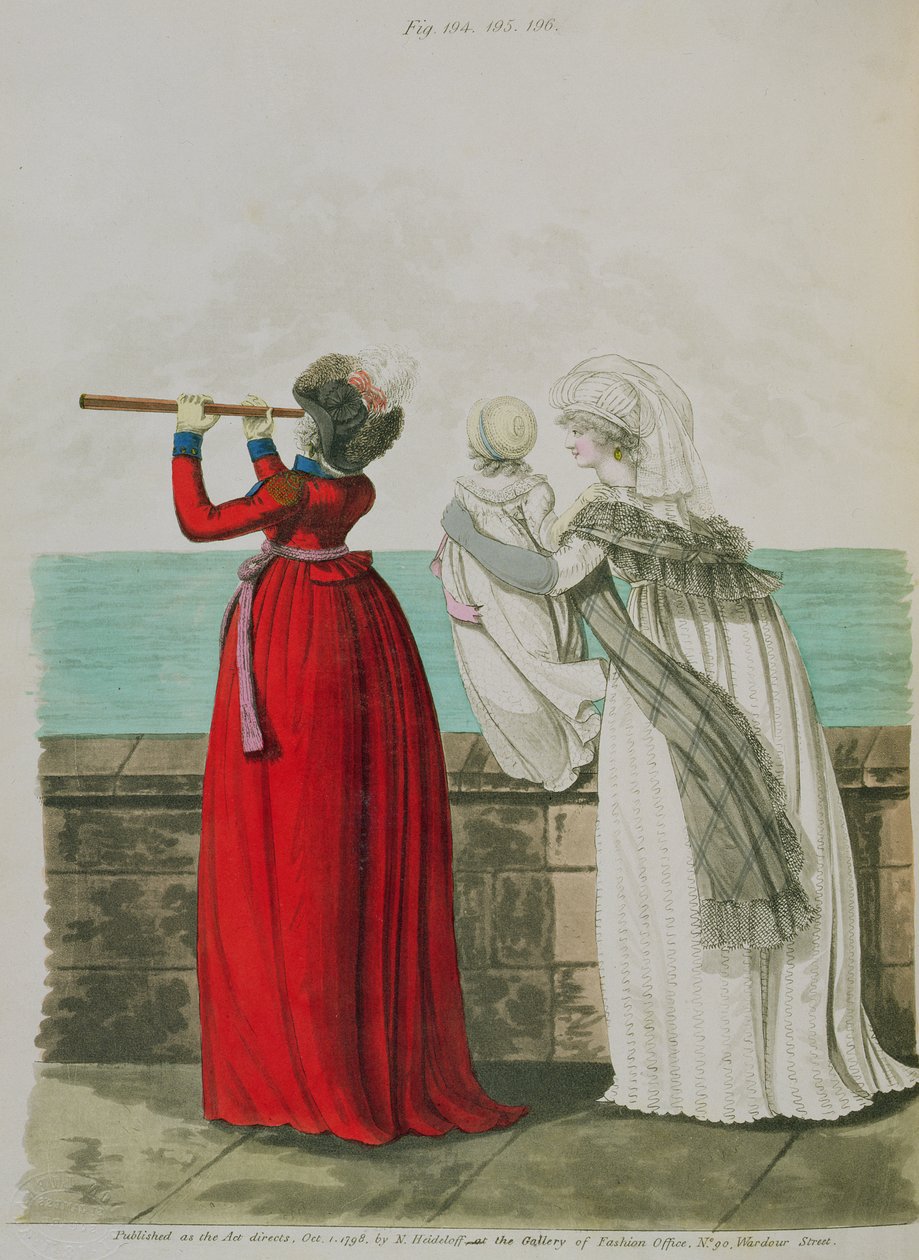 Morgenkjoler, fiken. 194, 195 og 196 fra Nikolaus Heideloffs "Gallery of Fashion" Vol II, oktober 1798 (trykk) av Nicolaus von Heideloff