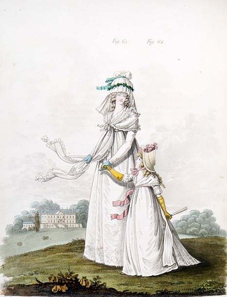 Mor og barn i morgenkjole fra Nikolaus Heideloffs "Gallery of Fashion", Vol II, august 1795 (trykk) av Nicolaus von Heideloff