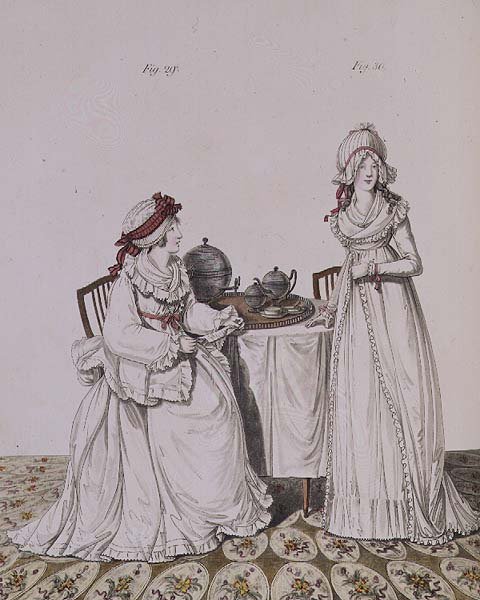 To damer til frokost i garderoben, iført natthetter og peignoirer, fra Nikolaus Heideloffs `` Gallery of Fashion 