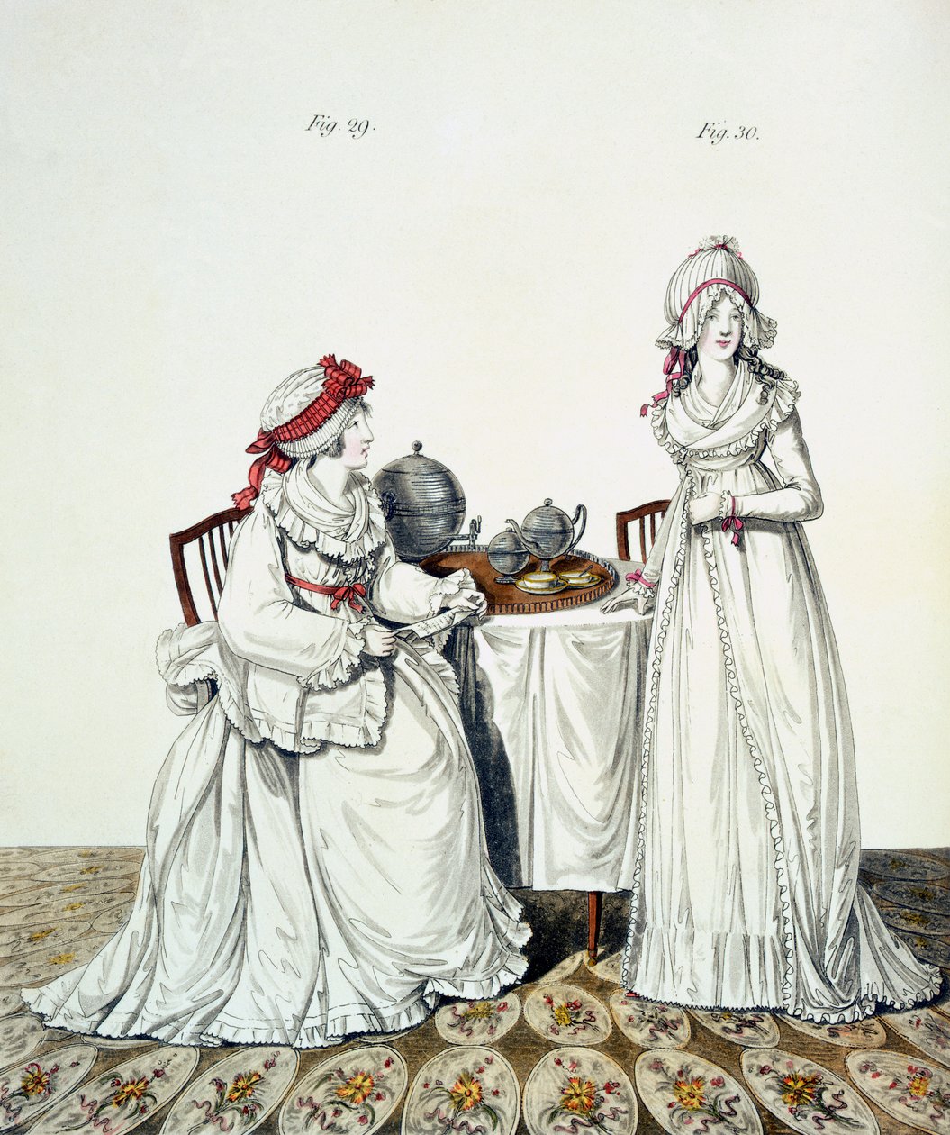 To damer til frokost i garderoben deres, iført natthetter og peignoirs, fra Nikolaus Heideloffs "Gallery of Fashion", Vol I, november 1794 av Nicolaus von Heideloff