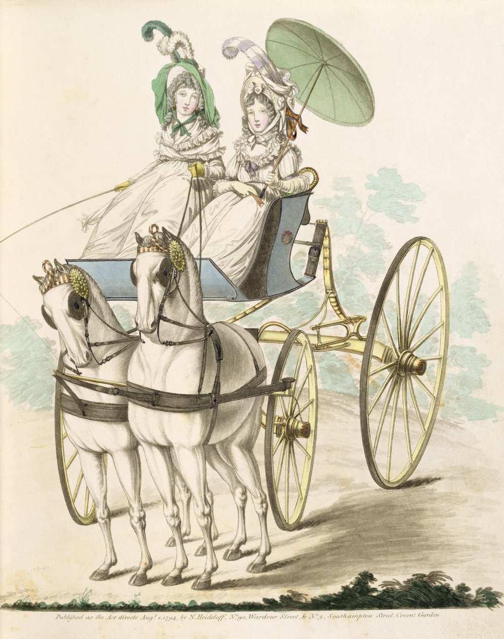 To damer, en negligee, tar en lufting i et phaeton, fra Nikolaus Heideloffs Gallery of Fashion, Vol I, august 1794 (trykk) av Nicolaus von Heideloff