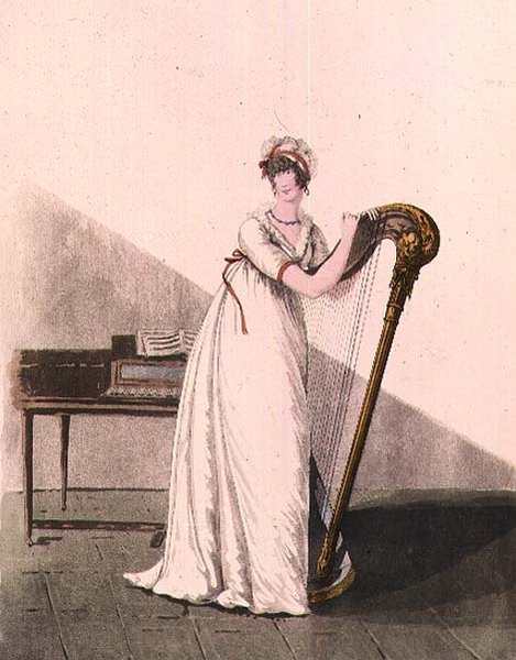 Ung kvinne med en harpe fra Heideloff "Gallery of Fashion", tidlig på 1800-tallet (farget gravering) av Nicolaus von Heideloff