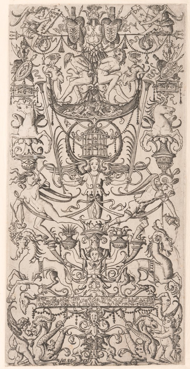 Ornamentpanel med fuglebur av Nicoletto da Modena