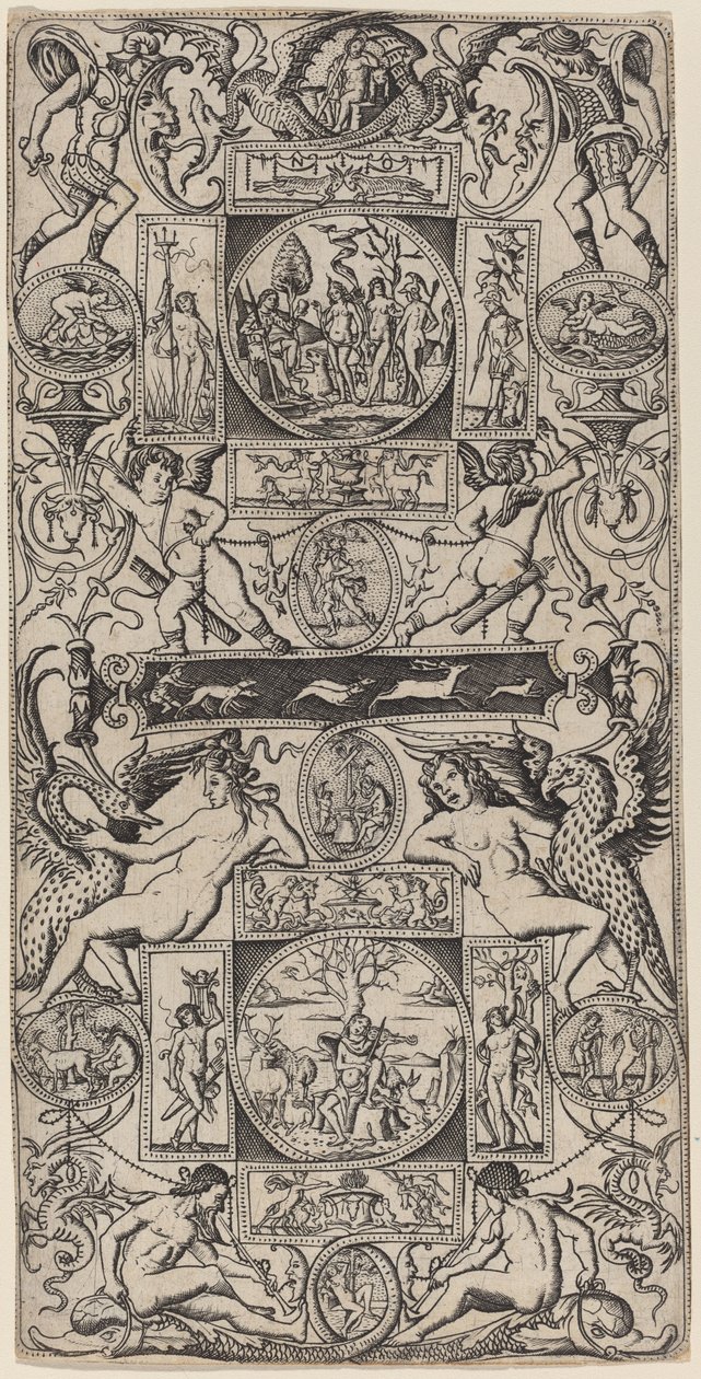 Ornamentpanel med Orpheus og Paris-dommen av Nicoletto da Modena