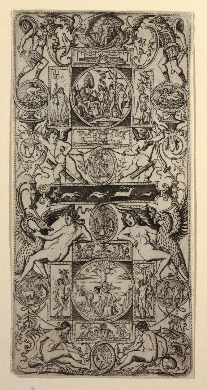 Ornamentpanel med Orpheus og Paris-dommen av Nicoletto da Modena