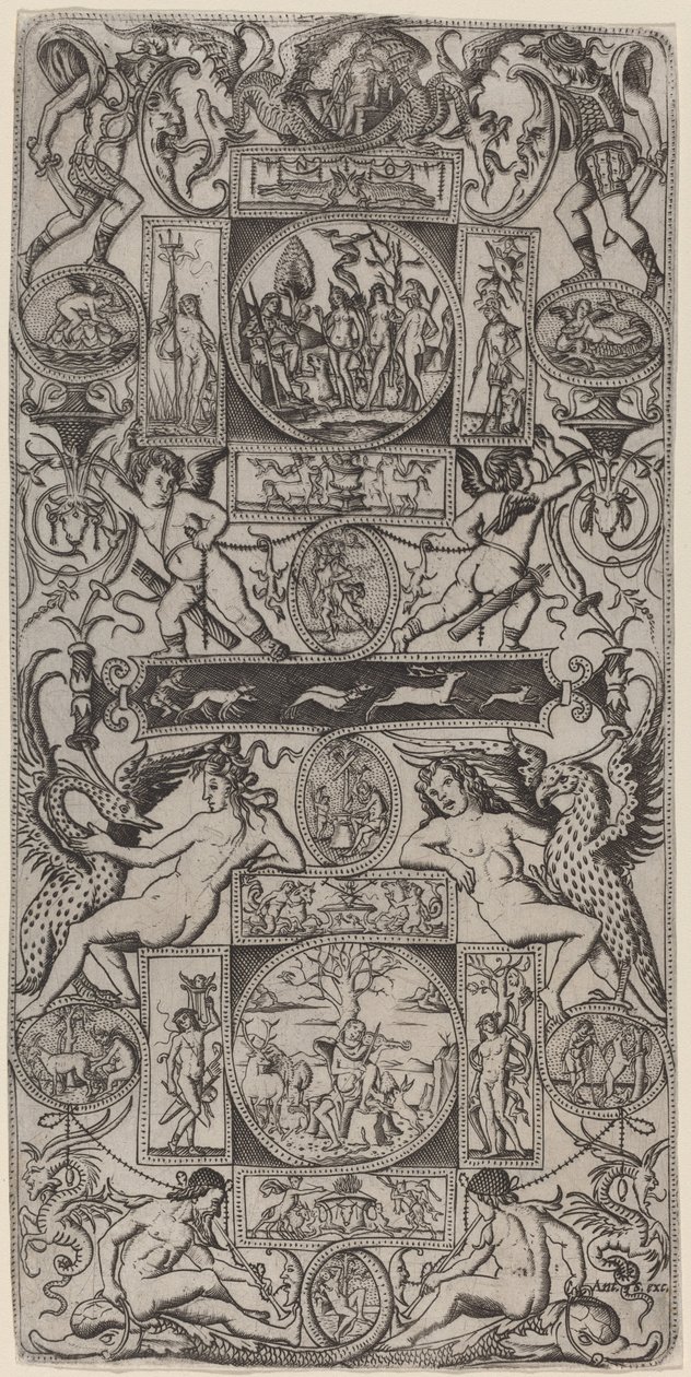 Ornamentpanel med Orpheus og Paris-dommen av Nicoletto da Modena