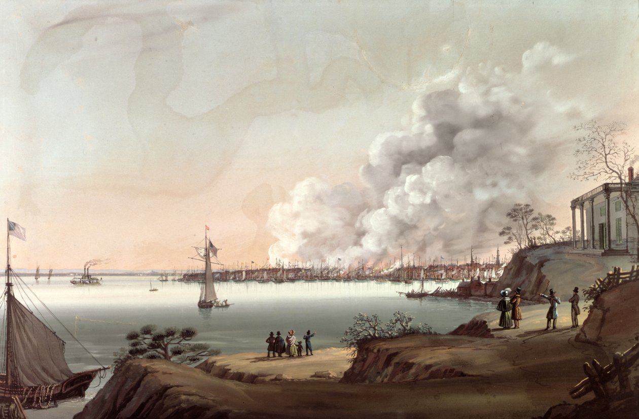 Utsikt over New York etter den store brannen tatt fra Brooklyn, 1835 av Nicolino Calyo