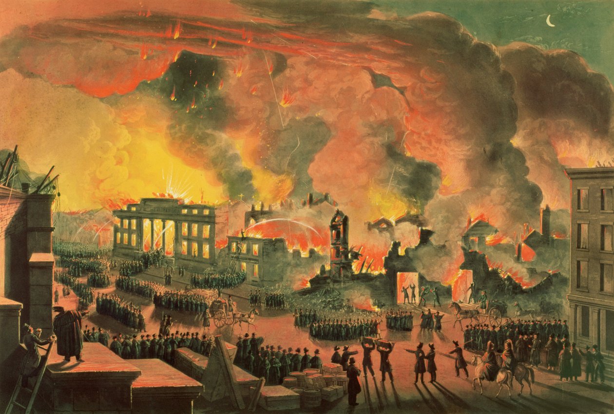 Utsikt over den store brannen i New York, 16.–17. desember 1835, gravert av William James Bennett (1787–1844) (fargegravering) av Nicolino Calyo
