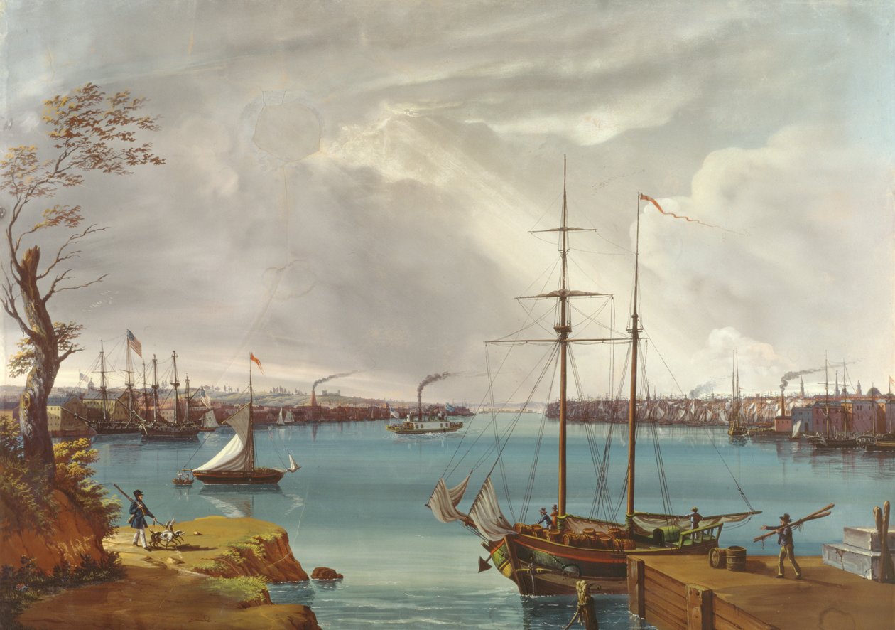 Utsikt over New York, Brooklyn og Navy Yard tatt fra Heights nær Williamsburg, ca. 1835-45 (gouache, wc på papir) av Nicolino Calyo