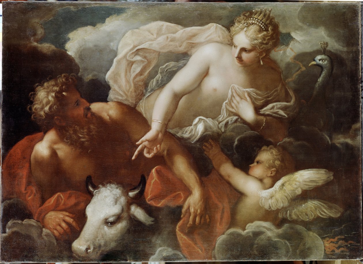 Jupiter, Juno og Io (Jupiter, Juno og Io) - Maleri av Niccolo (Nicolo) Bambini (1651-1736), olje på lerret, sent på 1600-tallet - venetiansk kunst av Nicolo Bambini