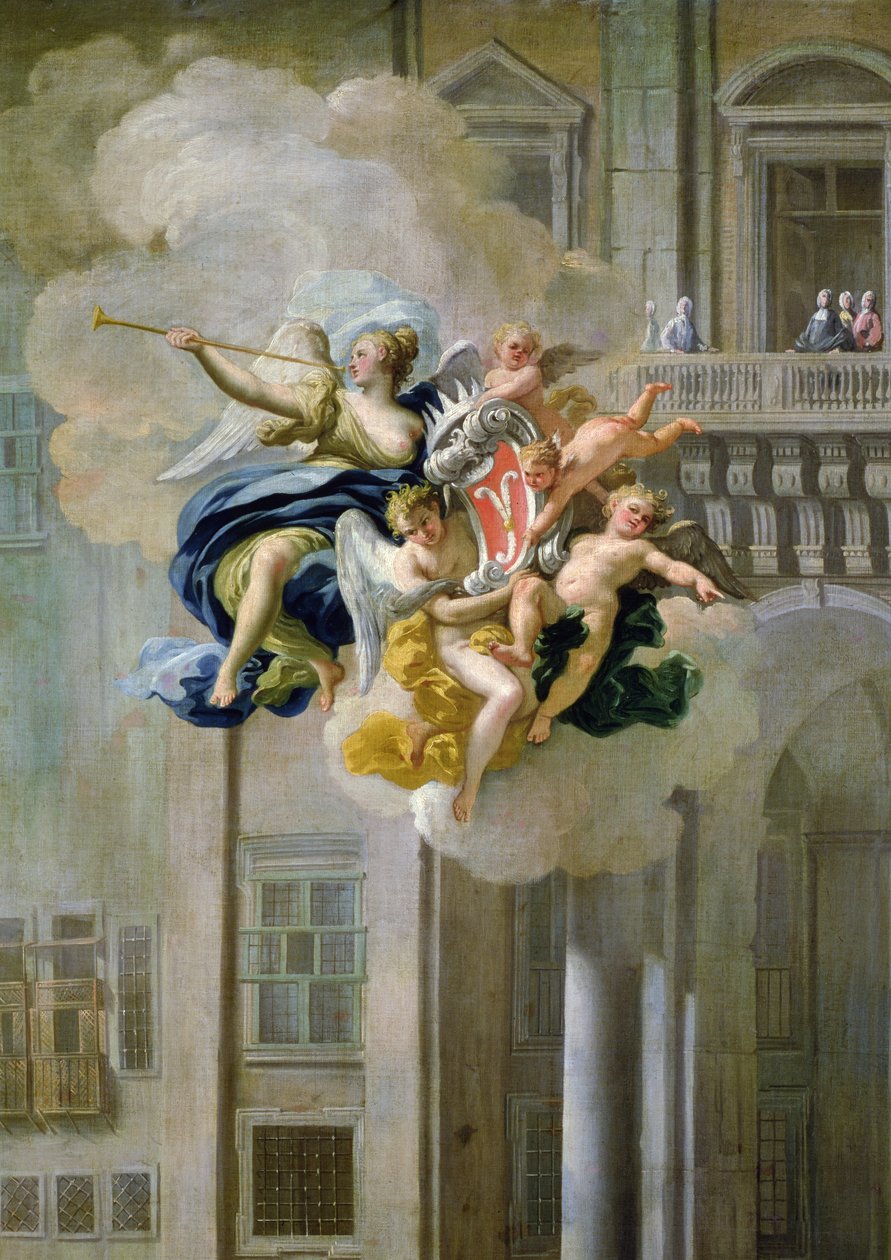 Berømmelse som bærer våpenskjoldet til House of Harrach (detalj av 68612) av Nicolo Maria Russo or Rossi