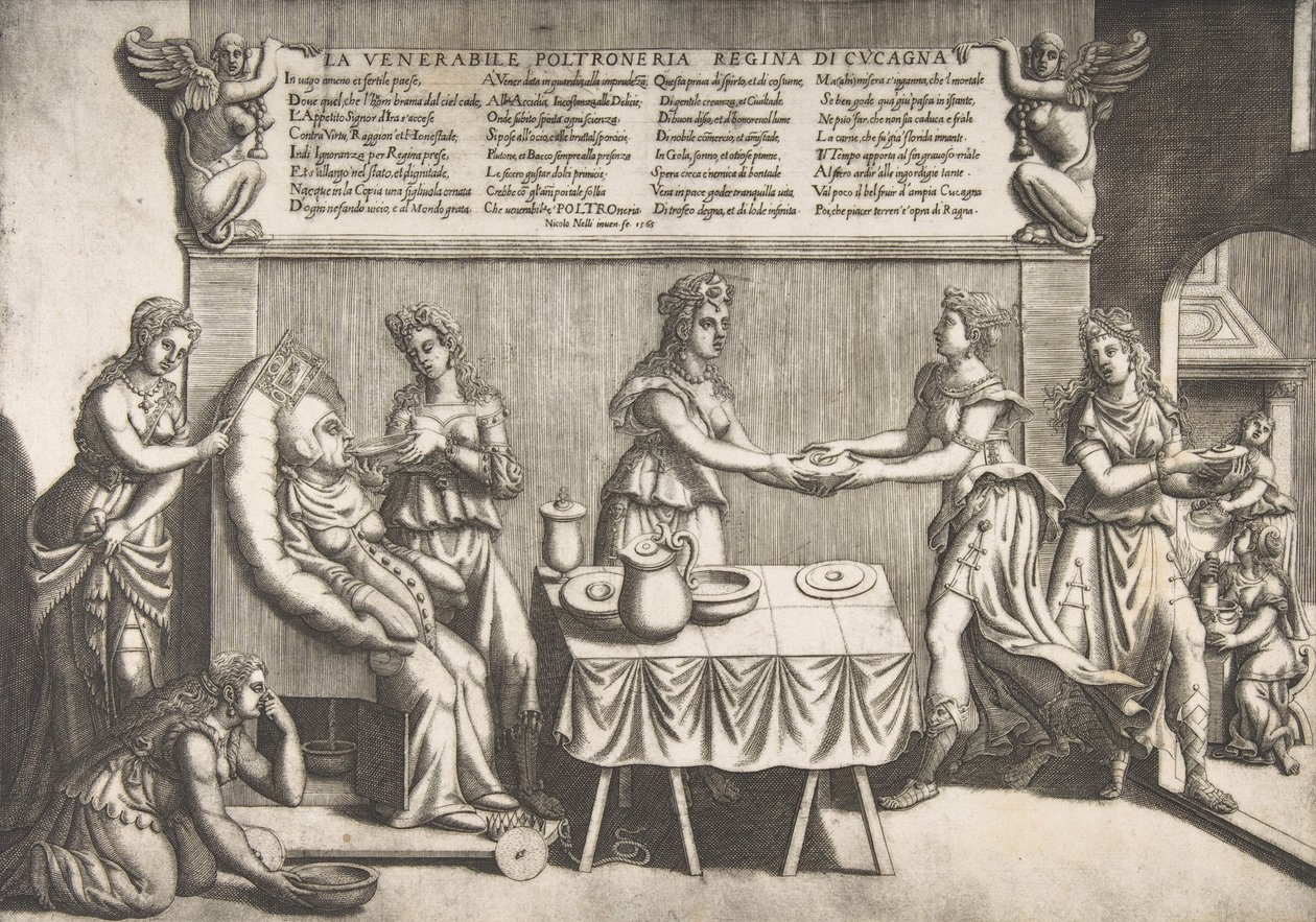 Ærverdige Idleness, Queen of Cockaigne, en feit kvinne som sitter på en bevegelig toalettstol som..., 1565. av Nicolo Nelli