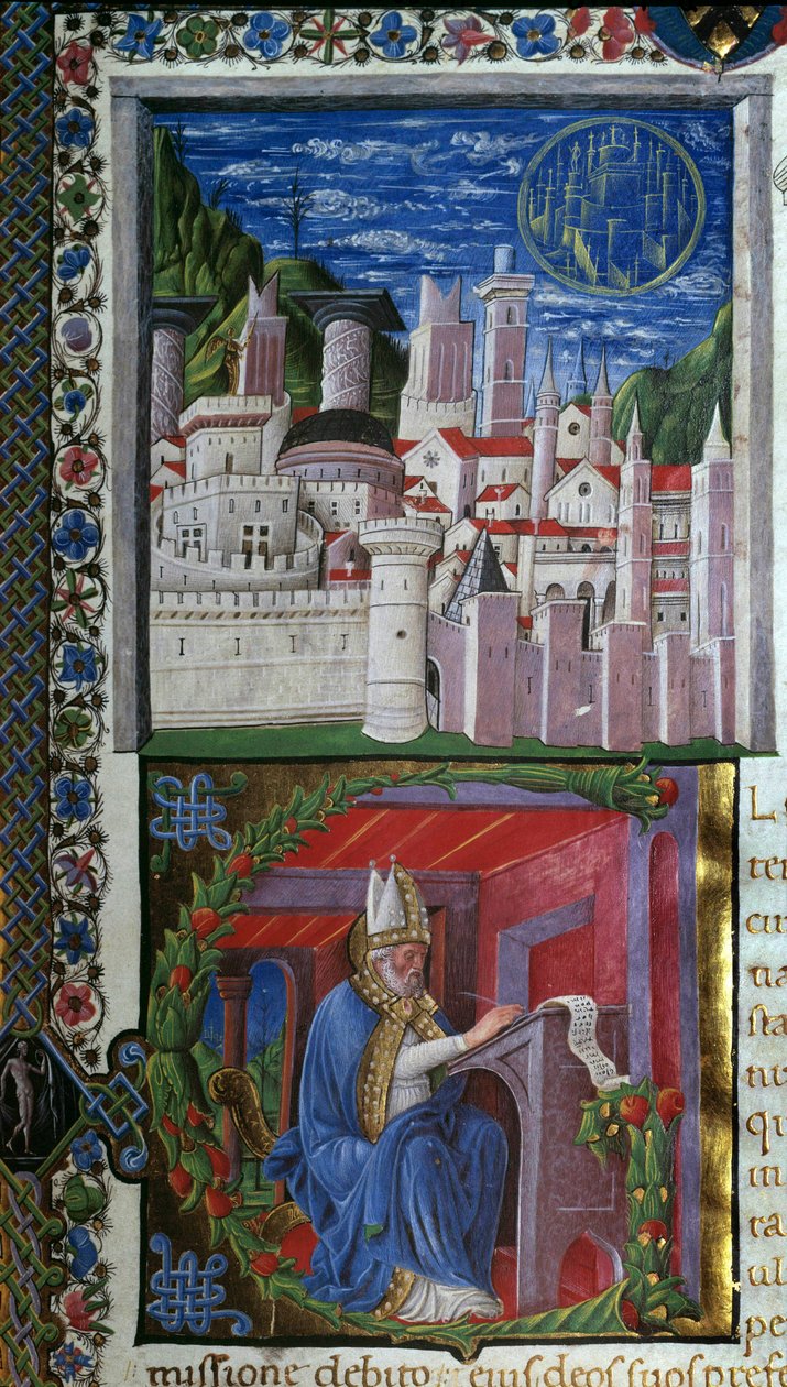 Saint Augustine Writing Miniature av Nicolo Polani hentet fra "" De civitate dei"" (Guds by) av Saint Augustine of Hippo (354-430). 1459. Paris, Bibliotheque sainte Genevieve av Nicolo Polani