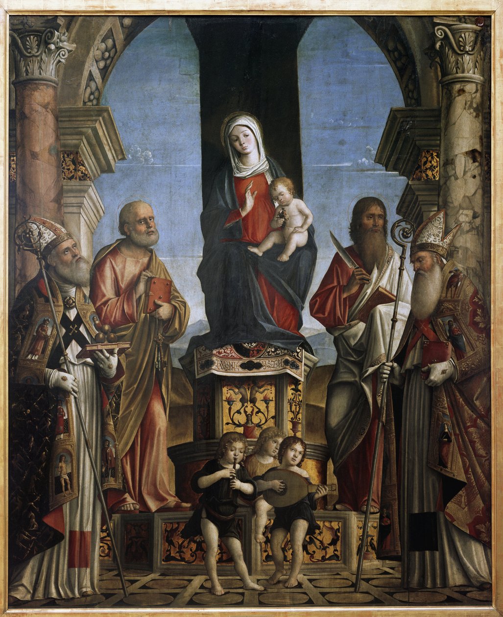 Jomfruen og barnet på tronen med St Nicholas, St Peter, St Barthelemy og St Augustine (olje på lerret av Nicolo Rondinelli