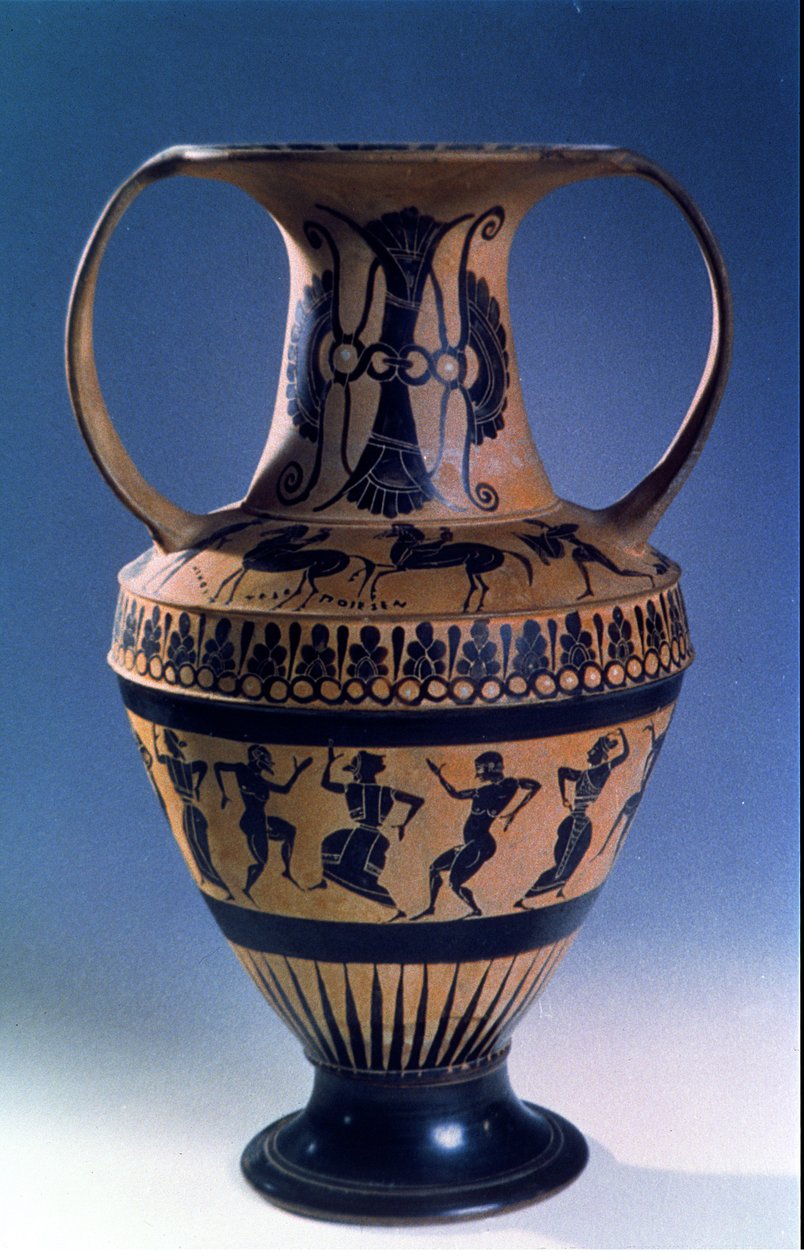 Attisk svart figuramfora som viser dansere, ca. 535-38 f.Kr. (lertøy) av Nicosthenes