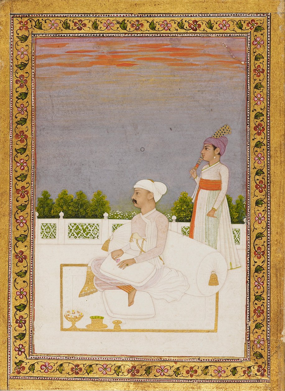 Adelsmann, muligens Mir Qasim, satt på en terrasse med ledsager, 1700-tallet av Nidhama
