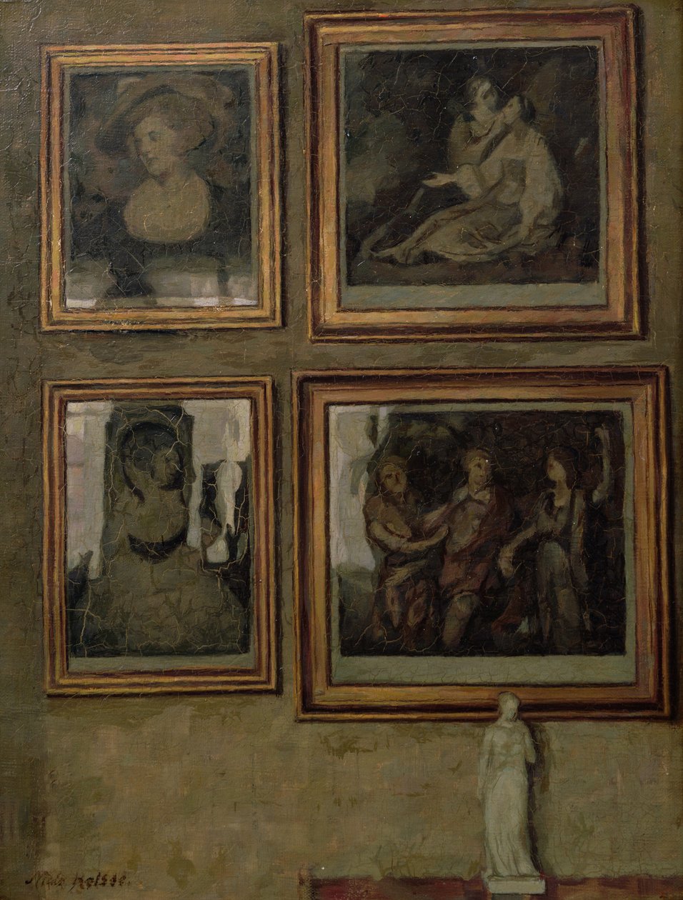 Interiør med malerier og en figur av Niels Holsoe