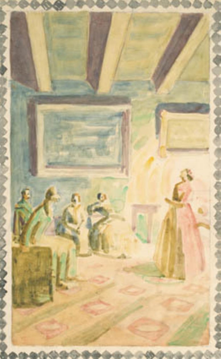 Jenny Lind synger i Weimar for storhertugens familie og H.C. Andersen. Utkast til freskedekorasjoner i H.C. Andersen Minnehall i Odense av Niels Larsen Stevns