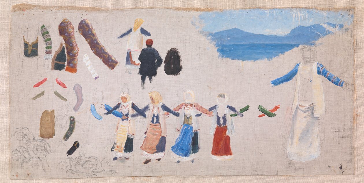 Dansende kvinner, kostymedetaljer og et landskap av Niels Skovgaard