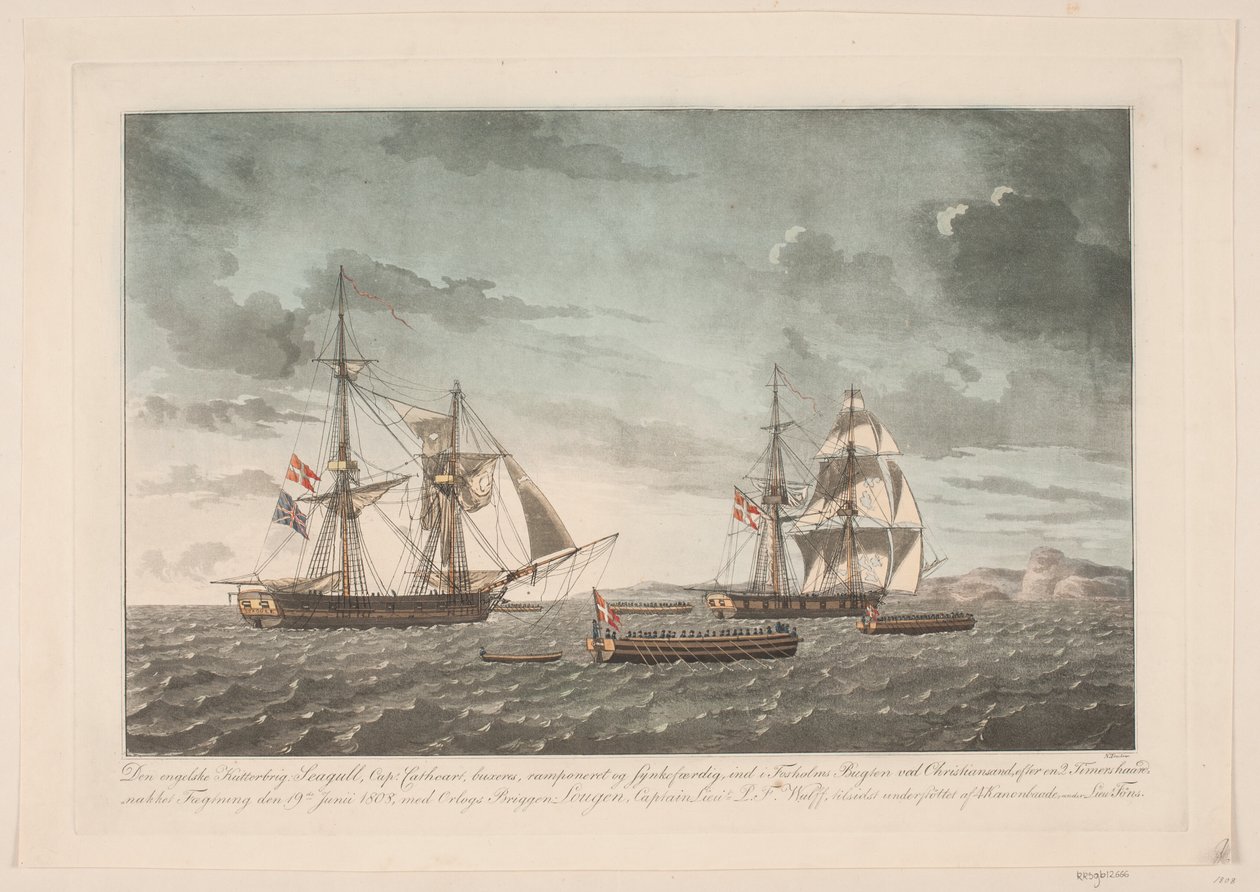 Den engelske kutterbriggen Seagull etter slaget med briggen Lougen, 19. juni 1808 av Niels Truslew