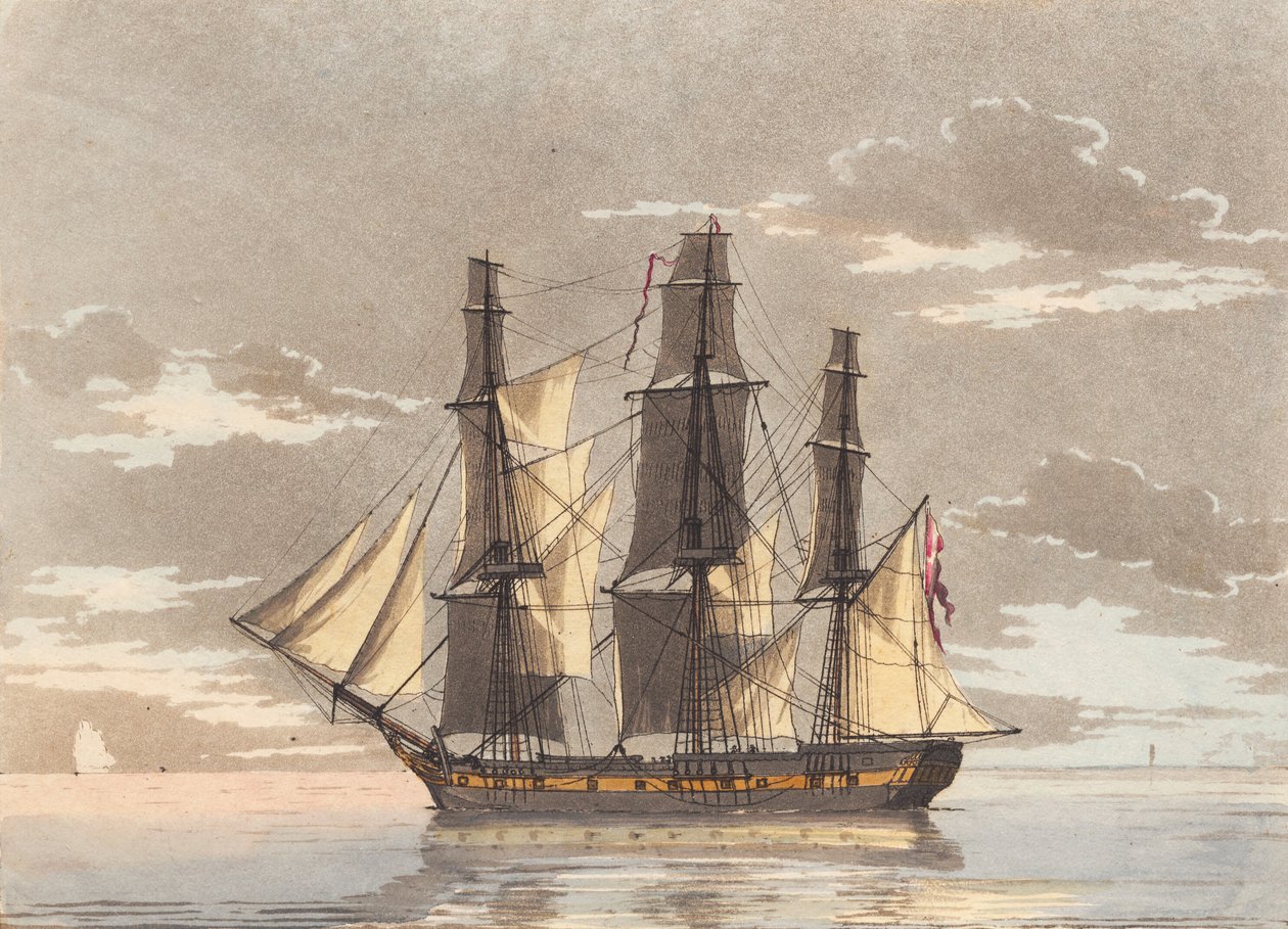 En dansk fregatt med alle seil satt i en rolig havutsikt av Niels Truslew