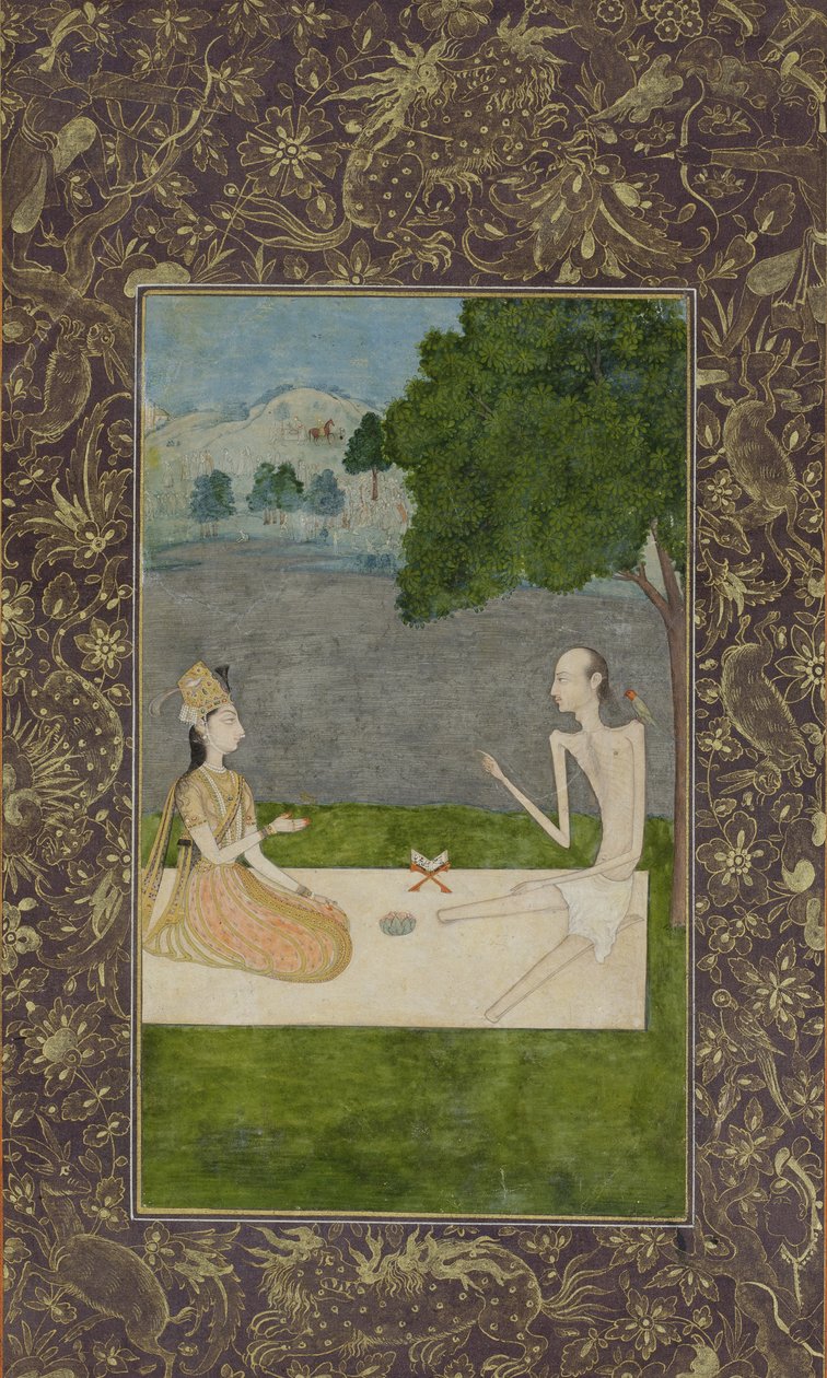 Laila og Majnun snakker under et tre, ca. 1730 (ugjennomsiktig wc og gull på papir) av Nihal Chand