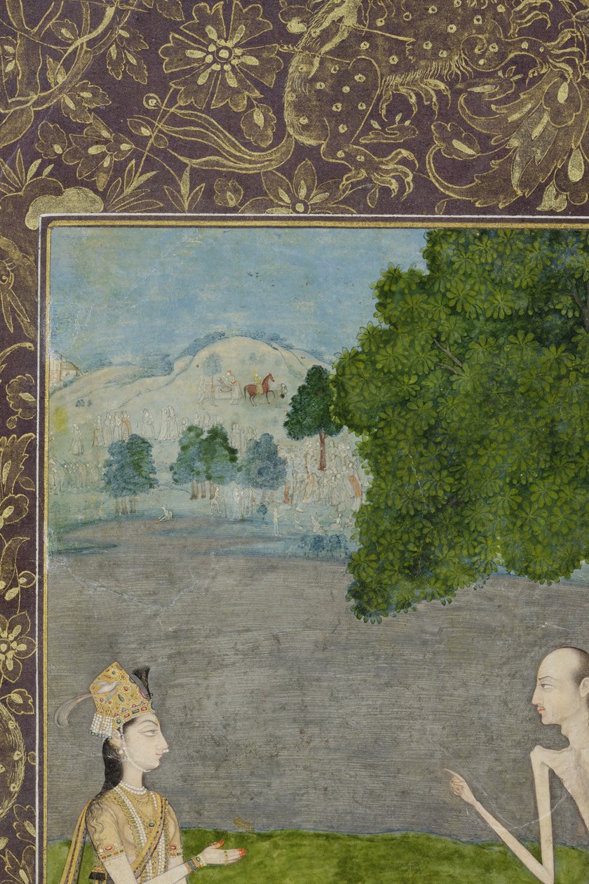 Laila og Majnun snakker under et tre, detalj, ca. 1730 (ugjennomsiktig wc og gull på papir) av Nihal Chand