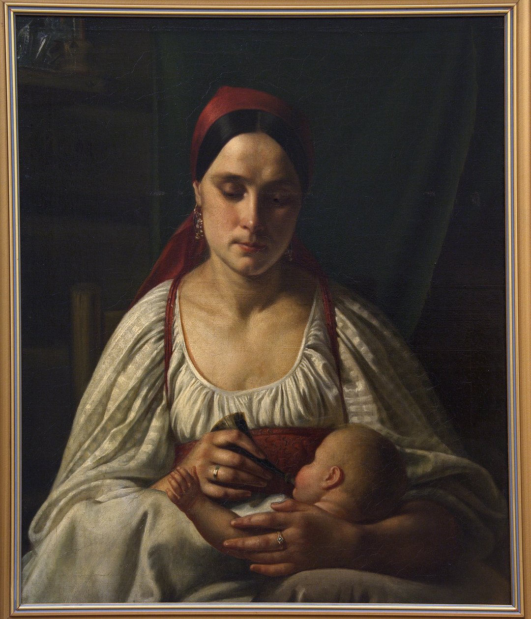 Russisk bondekvinne mater babyen sin med et kuhorn. (Russisk bondekvinne mater babyen sin fra et kuhorn). Maleri av Nikifor Stepanovich Krylov (Krilov) (1802-1831), olje på lerret av Nikifor Stepanovich Krylov