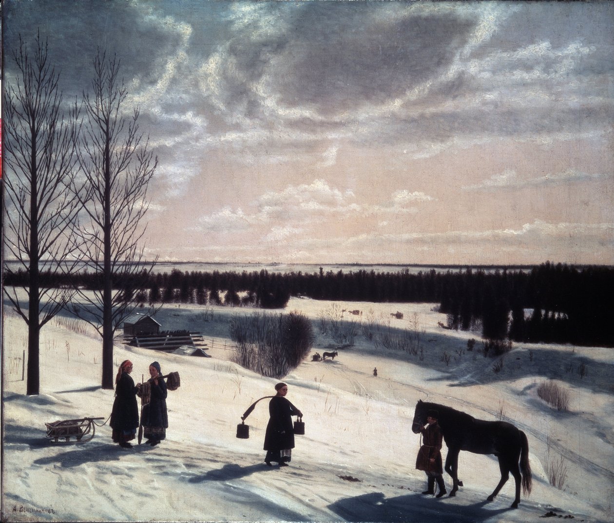 Vinterscene, russisk vinter (Vinterscene, russisk vinter). Beskrivelse av et snølandskap i kveldslyset, med figurer på veien: en leder en hest og kvinner, et lass med bøtter og to andre snakker i nærheten av en slede. pei av Nikifor Stepanovich Krylov