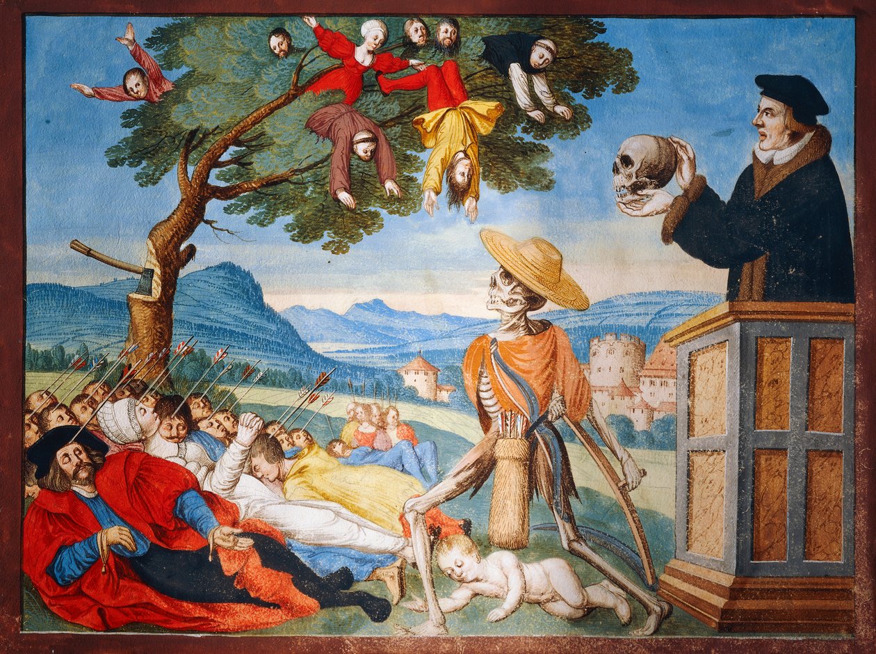 Døden går i aksjon med ljåen og menn faller som døde blader, preken av Memento Mori fra Dance of Death-syklusen av Albrecht Kauw av Niklaus Manuel