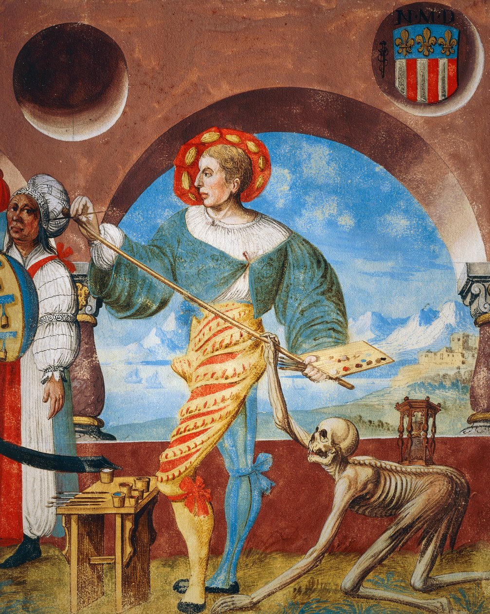 Death pulling pensel fra maleren, detalj av Death, group of hedninge og Maler fra Dance of Death-syklusen av Albrecht Kauw av Niklaus Manuel