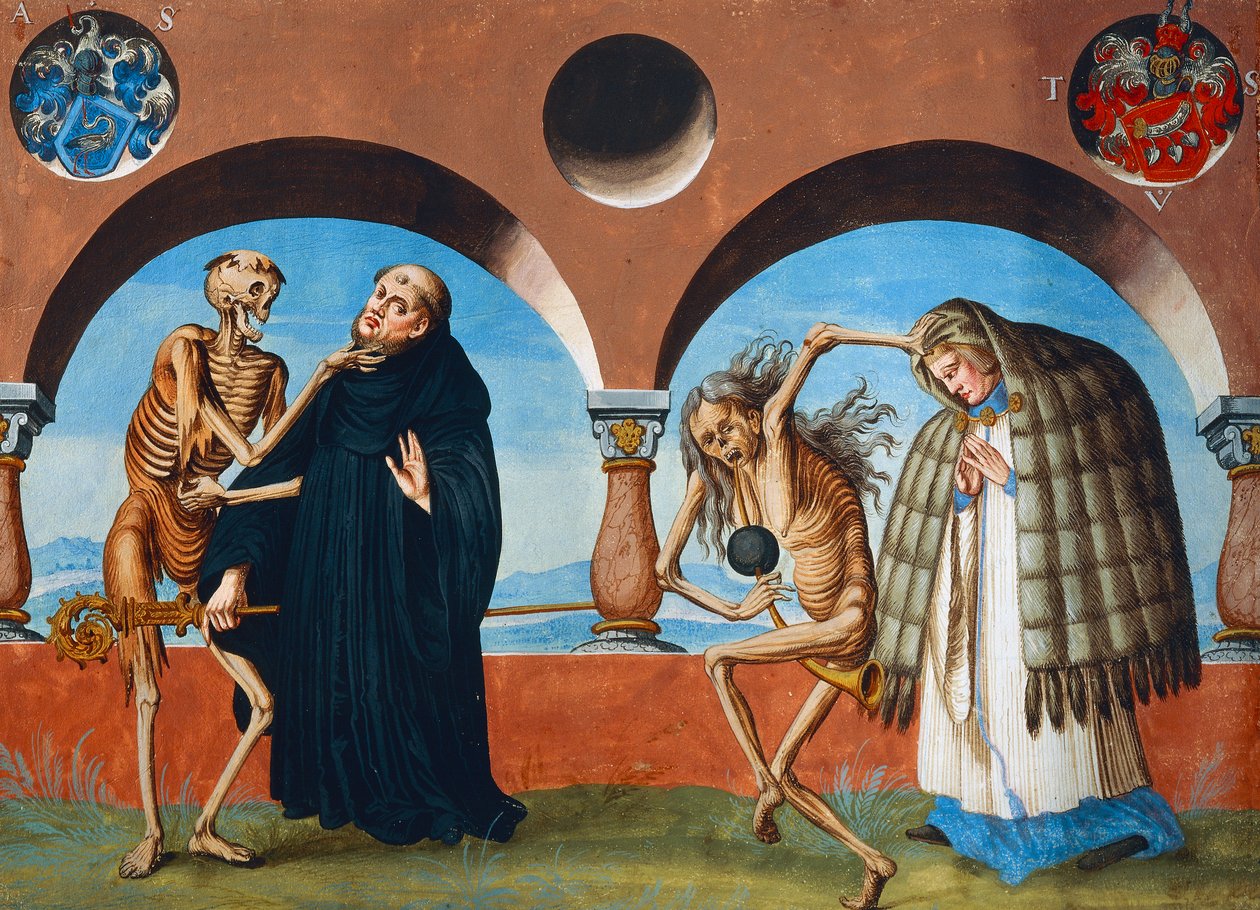Death, the Abbed and the Canon (abbedens assistent) fra Dance of Death-syklusen av Albrecht Kauw av Niklaus Manuel