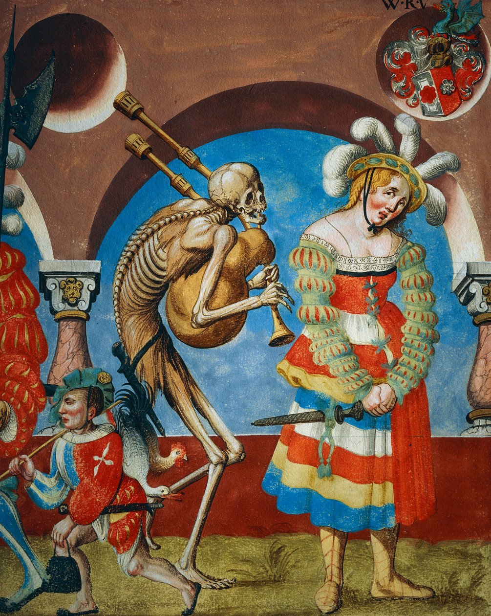 Døden med sekkepipe og prostituert, detalj av Death, Mercenary and Prostitue fra Dance of Death-syklusen av Albrecht Kauw av Niklaus Manuel