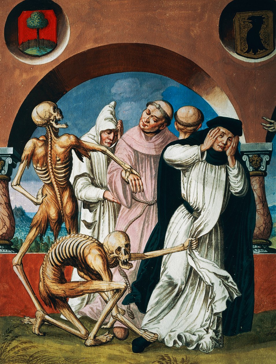 Døden med munker, detalj av Døden, munker og abbedissen fra Dance of Death-syklusen av Albrecht Kauw av Niklaus Manuel