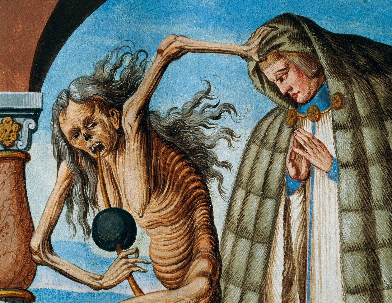 Death with the Canon, detalj av Death, Abbed and the Canon (abbedens assistent) fra Dance of Death-syklusen av Albrecht Kauw av Niklaus Manuel