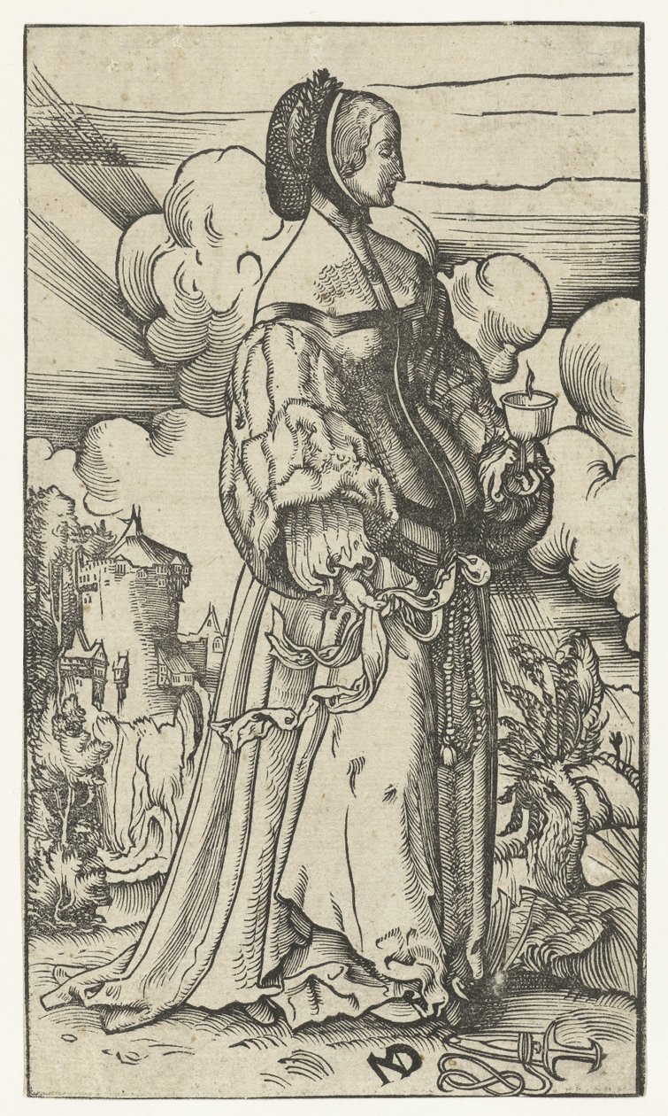 Klok jomfru med brennende oljelampe i landskap Five Wise and Five Foolish Virgins (serietittel) av Niklaus Manuel Deutsch